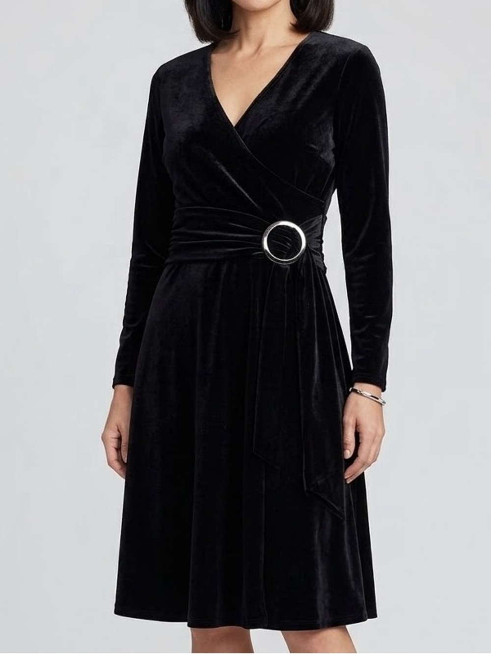 Talbots Velvet Midi Dress Size 6 Black Plush Velour Ring Belted Faux Wrap Event